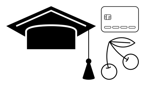 Graduation cap with tassel, credit card, and cherries. Ideal for education, finance, agriculture, banking, culinary achievement success. Line metaphor