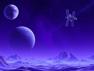 Obraz premium Space background featuring a purple planet landscape with stars, satellites, and alien planets in the sky, created using generative AI technology, satellites, planets
