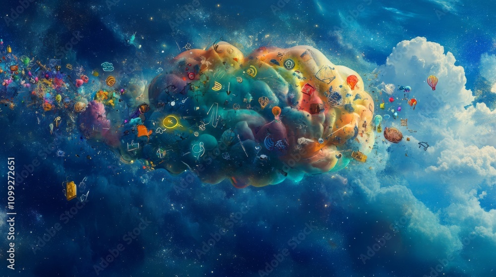 Poster colorful cloud with icons representing ideas and creativity in space
