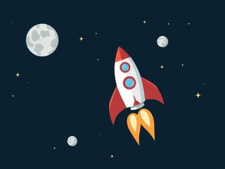 Spaceship flying around Earth in space with planets and stars in the background, vector illustration, spaceship
