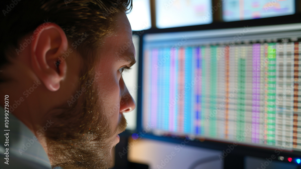 Poster close-up of a financial analyst working on a spreadsheet, highlighting online billing records with c