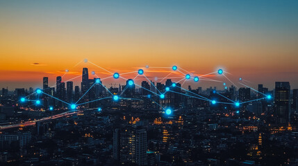Obraz premium Smart digital Innovation city with connection network reciprocity over the sunset cityscape. of future wireless digital city and social media networking systems that connects people with in city