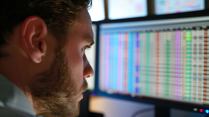 Close-up of a financial analyst working on a spreadsheet, highlighting online billing records with color-coded rows and dynamic data graphs.