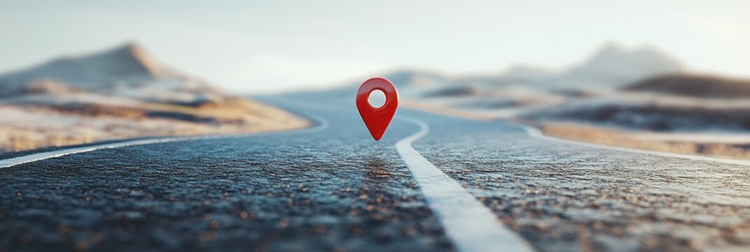 Red location marker on a winding road leading towards mountains. Concept of journey, travel, and destination.