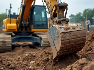 Fototapeta premium Excavator bucket digs a hole in the road