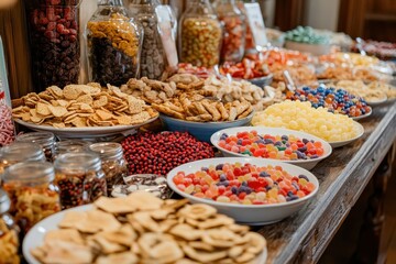 Fototapeta premium Variety of sweets and snacks on rustic wood. Perfect for articles about food, candy, or celebrations.
