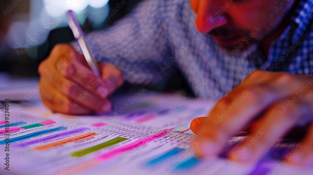 Poster close-up of a financial analyst working on a spreadsheet, highlighting online billing records with c