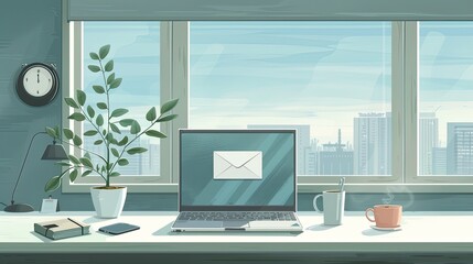 Fototapeta premium Flat Illustration of an Office Desk with Laptop, Phone, and Letter, Featuring a Digital Mail Interface with a White Envelope on a Blue Background and a Cityscape Window View, in Soft Pastel Colors