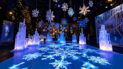 A dance floor surrounded by ice sculptures and glittering snowflake lights, creating a magical winter wonderland for a New Year's celebration 