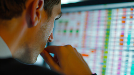 Close-up of a financial analyst working on a spreadsheet, highlighting online billing records with color-coded rows and dynamic data graphs.