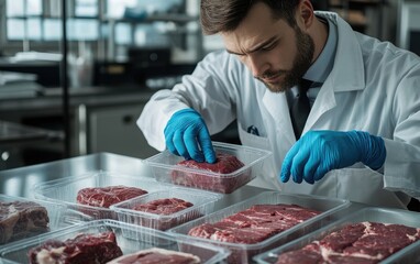 Photo of a food safety specialist at a meat factory, packaging steaks into plastic containers. 