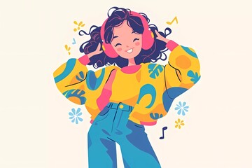 Fun teenage girl listens to music on headphones. Retro style 80s,90s,y2k. cartoon bright illustration