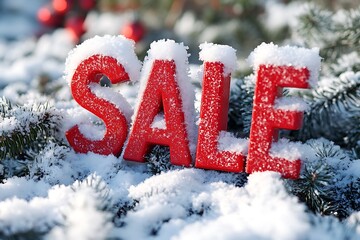 Christmass sale sign board on pine branches in the snowy background. Concept of winter sale, year end sale, christmass sale. AI generated.