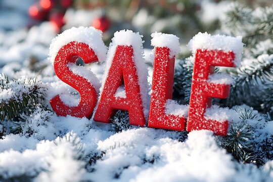 Christmass sale sign board on pine branches in the snowy background. Concept of winter sale, year end sale, christmass sale. AI generated.