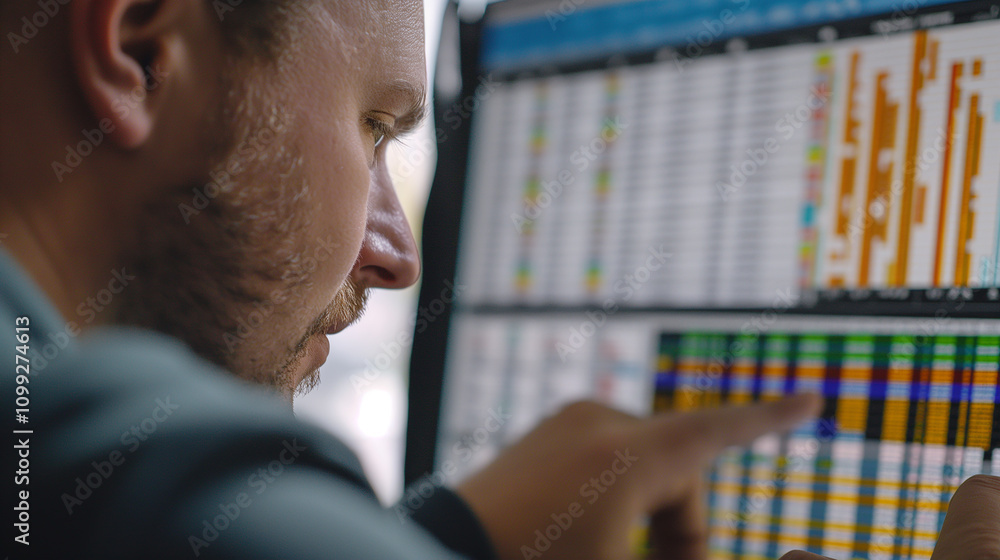 Poster close-up of a financial analyst working on a spreadsheet, highlighting online billing records with c