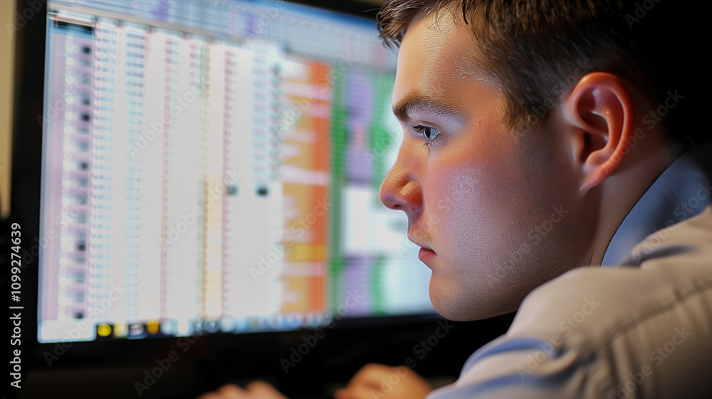 Poster close-up of a financial analyst working on a spreadsheet, highlighting online billing records with c
