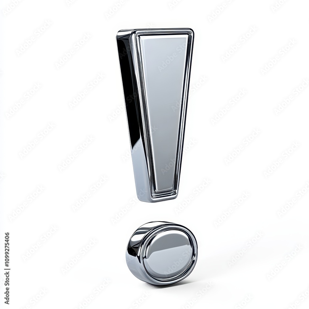 Poster a shiny chrome exclamation mark and period, symbolizing emphasis and completion in text.