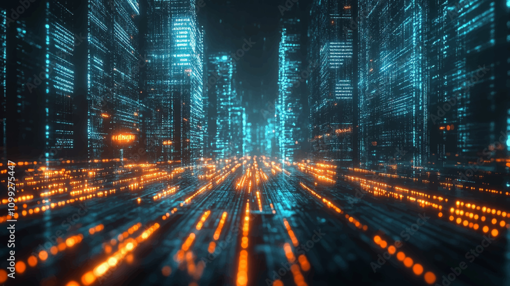 Poster optical data concept depicted by abstract glowing lines on a dark background. the high speed, vast c
