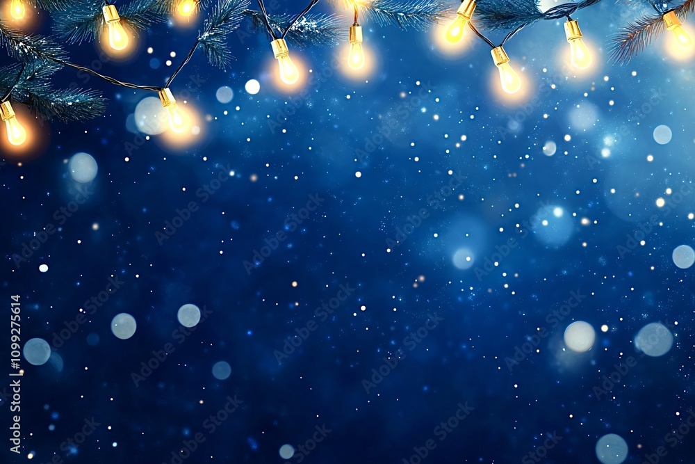 Poster christmas lights garland with light bulbs shining on blue background with falling snow and bokeh eff