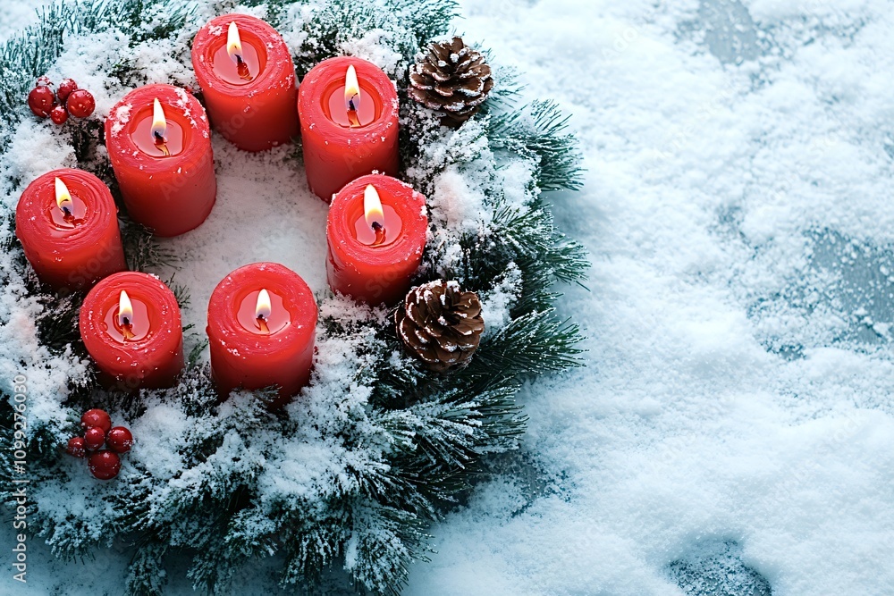 Poster seven burning red candles on a snowy advent wreath with pine cones and red berries create a festive 