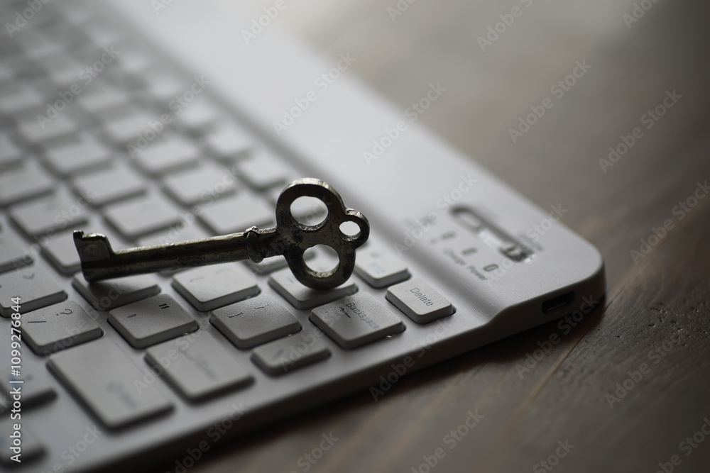 Aufkleber vintage metal key on modern white computer keyboard symbolizing data security and digital access