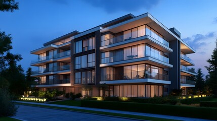 Obraz premium Modern apartment building at dusk.