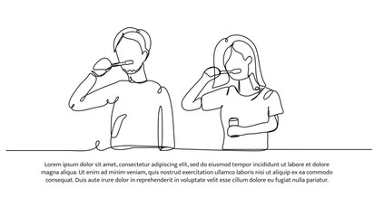 Continuous one line design of man and woman brushing their teeth together. Minimalist style vector illustration on white background.