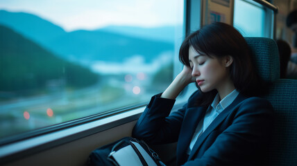 電車の旅で居眠りする日本人ビジネスウーマン