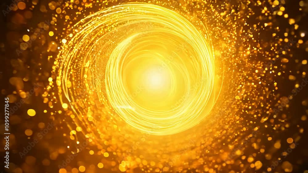 Poster camera rotates around a swirling vortex of particles in a gradient from yellow to orange, leaving li