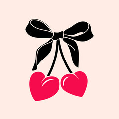 Heart cherry with bow. Cute trendy design. Ballet, coquette core print.