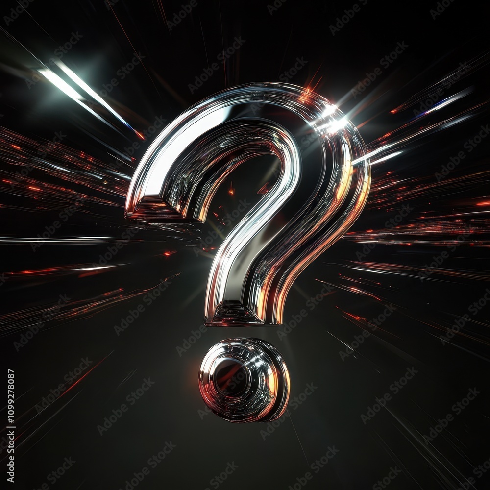 Aufkleber a shiny metallic question mark surrounded by dynamic light effects.
