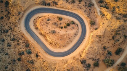 Obraz premium Aerial view of a winding road curving around a desert hill. Illustrates journey, adventure, or challenging path concept.