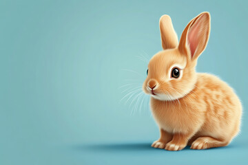 Obraz premium A cute, fluffy rabbit sitting against a soft blue background, evoking a sense of warmth.