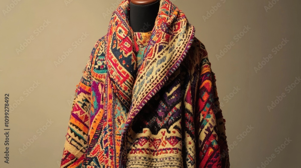 Poster vibrant and colorful ethnic-inspired jacket displayed on a mannequin against a neutral background sh