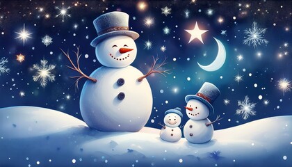 Fototapeta premium Winter Wonderland: Snowmen Sleeping Under the Stars - A heartwarming scene of two snowmen sleeping peacefully in a snowy landscape under a starry night sky. Symbolizing peace, winter, family, dreams, 
