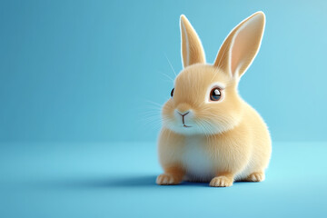 Fototapeta premium A cute, fluffy rabbit sitting against a light blue background, showcasing its adorable features.