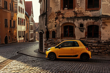 Morning Scene of a Compact Yellow Hatchback in a Picturesque European Village