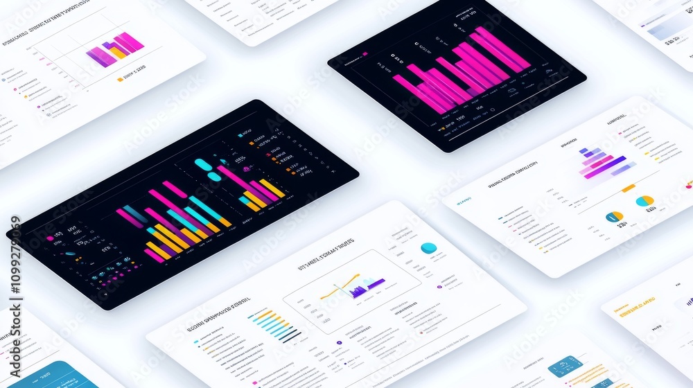 Poster Colorful Data Visualization with Charts and Graphs on Black Background