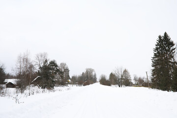 Obraz premium Snow-Covered Road in Rural Village Landscape with Pine Trees and Cottages on a Winter Day