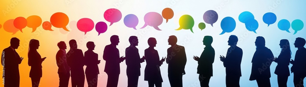 Poster silhouettes of people conversing with colorful speech bubbles, symbolizing communication and dialogu