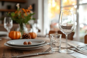 Fototapeta premium A Thanksgiving table set for a large meal with plates, cutlery, and glasses arranged neatly