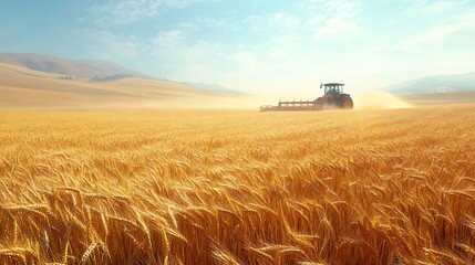 Fototapeta premium Aerial view of a golden wheat field during harvest season, rows of ripe wheat swaying in the breeze, a large tractor harvesting crops, sunlight casting a warm glow on the landscape, clear blue sky,