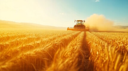 Fototapeta premium Aerial view of a golden wheat field during harvest season, rows of ripe wheat swaying in the breeze, a large tractor harvesting crops, sunlight casting a warm glow on the landscape, clear blue sky,