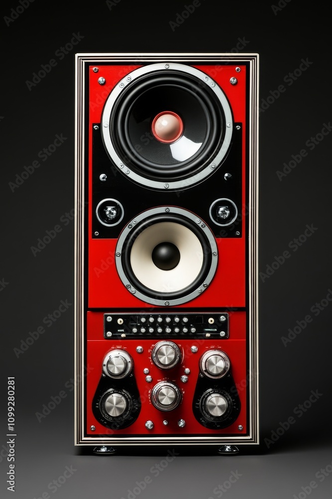 Poster vintage red speaker tower with multiple audio controls and large woofers displayed against a dark ba