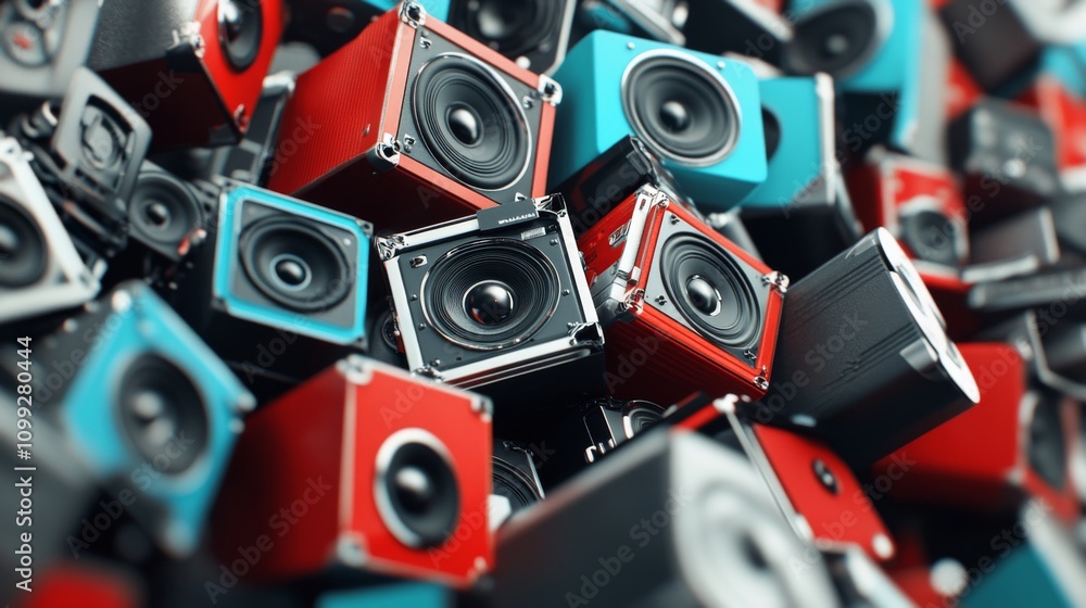 Poster a vibrant collection of colorful speaker boxes arranged closely together in an artistic display show