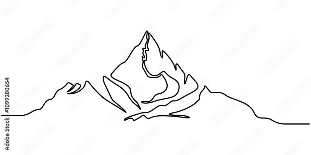 Poster One continuous line drawing of mountain range landscape, Continuous line drawing of mountain range landscape top view of mounts in simple linear style vector illustration, Mountains Continuous Line 