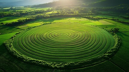 Aerial view of expansive farmland with circular irrigation patterns, vibrant green and brown sections forming intricate geometric designs, sunlight casting bright highlights,