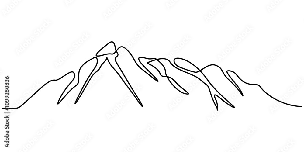 Poster One continuous line drawing of mountain range landscape, Continuous line drawing of mountain range landscape top view of mounts in simple linear style vector illustration, Mountains Continuous Line 