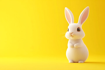 Obraz premium A cute, stylized white rabbit stands against a bright yellow background.
