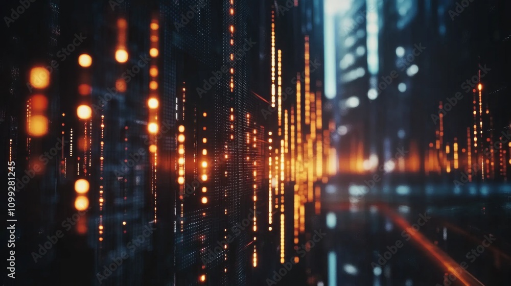 Aufkleber digital data flow with glowing particles in urban environment